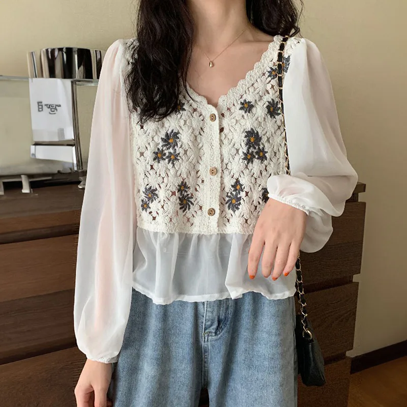 Crochet Knit Blouse with Chiffon Sleeve Peplum Button Front Shirts for Women Spring Summer Vacation Beach Wear