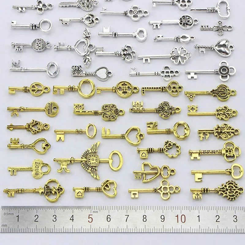 50 Stück mischen Vintage alten Look Schlüssel Vintage Anhänger Metall Charms Dekorationen DIY Halskette Schmuck Ergebnisse