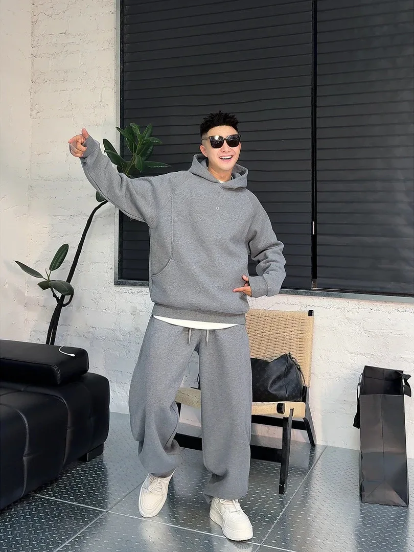 

YULE 9036 Two Versions Thiened Fce-lined Loose-cuff Sweatpants And Hoodies Casual Sportswear Set for Teen Boys