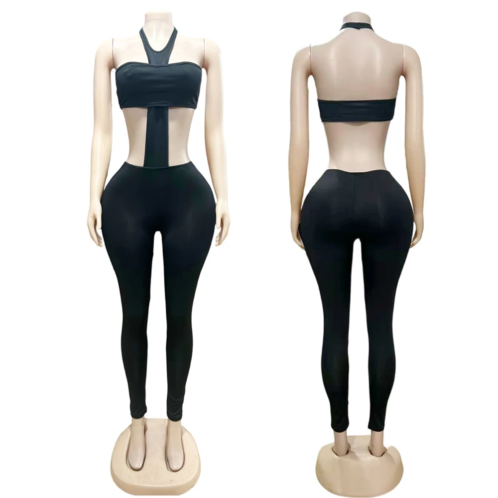 Y2kเซ็กซี่สองชิ้นชุดผู้หญิงคลับสวมHalter Cross Crop Topและกางเกงผอมชุด 2025 หญิงJumpsuit Baddieชุด