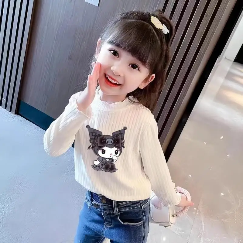 Kawaii الكرتون فتاة Kuromi بأكمام طويلة تي شيرت أنيمي سانريو جديد الربيع والخريف نصف سلحفاة الرقبة تنوعا قاعدة قميص عادية