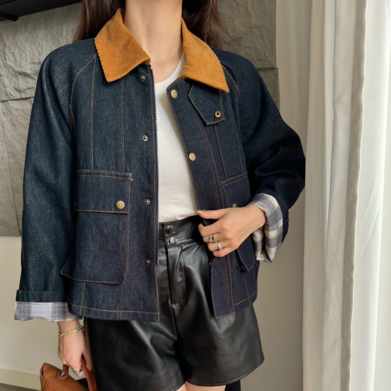 L Spanish Fashion Luxury Design Woman\'s Jacket Winter New Corduroy Lapel Patchwork Denim Coat High Quality Warm Tops