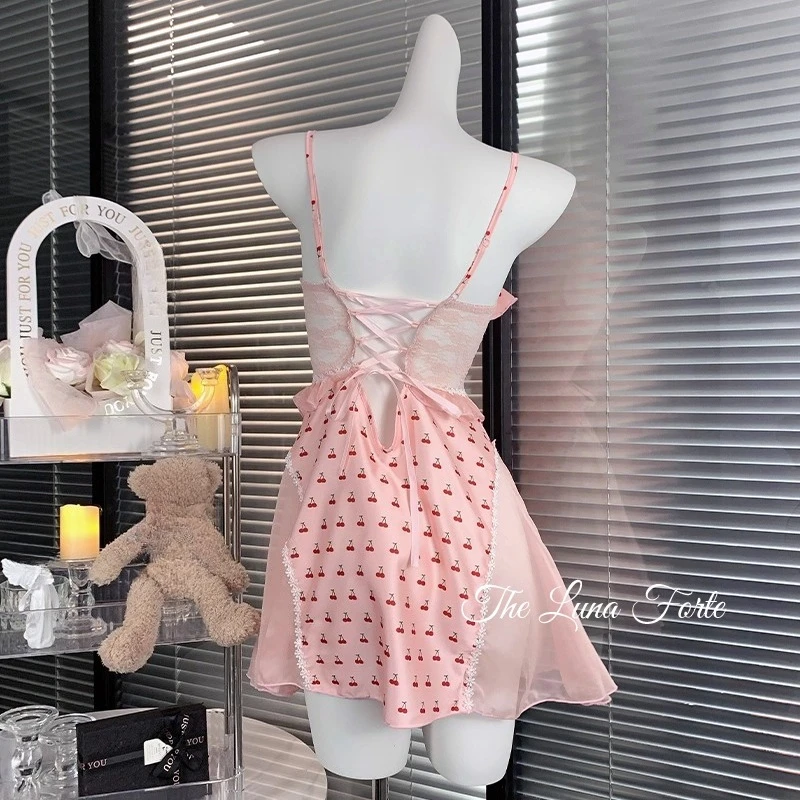 فستان نوم نسائي مفرغ من الدانتيل مطبوع عليه فاكهة بتصميم فرنسي لصيف 2025 رقيق ومثير بصدر صغير بدون ظهر ملابس نوم للفتيات #3