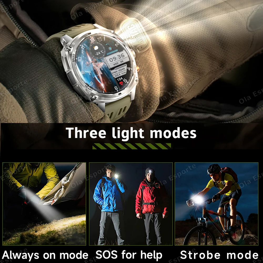 屋外スマートウォッチメンズ 800mah 超ロングバッテリー懐中電灯 GPS トラッカー BT 通話防水軍事スポーツフィットネススマートウォッチ