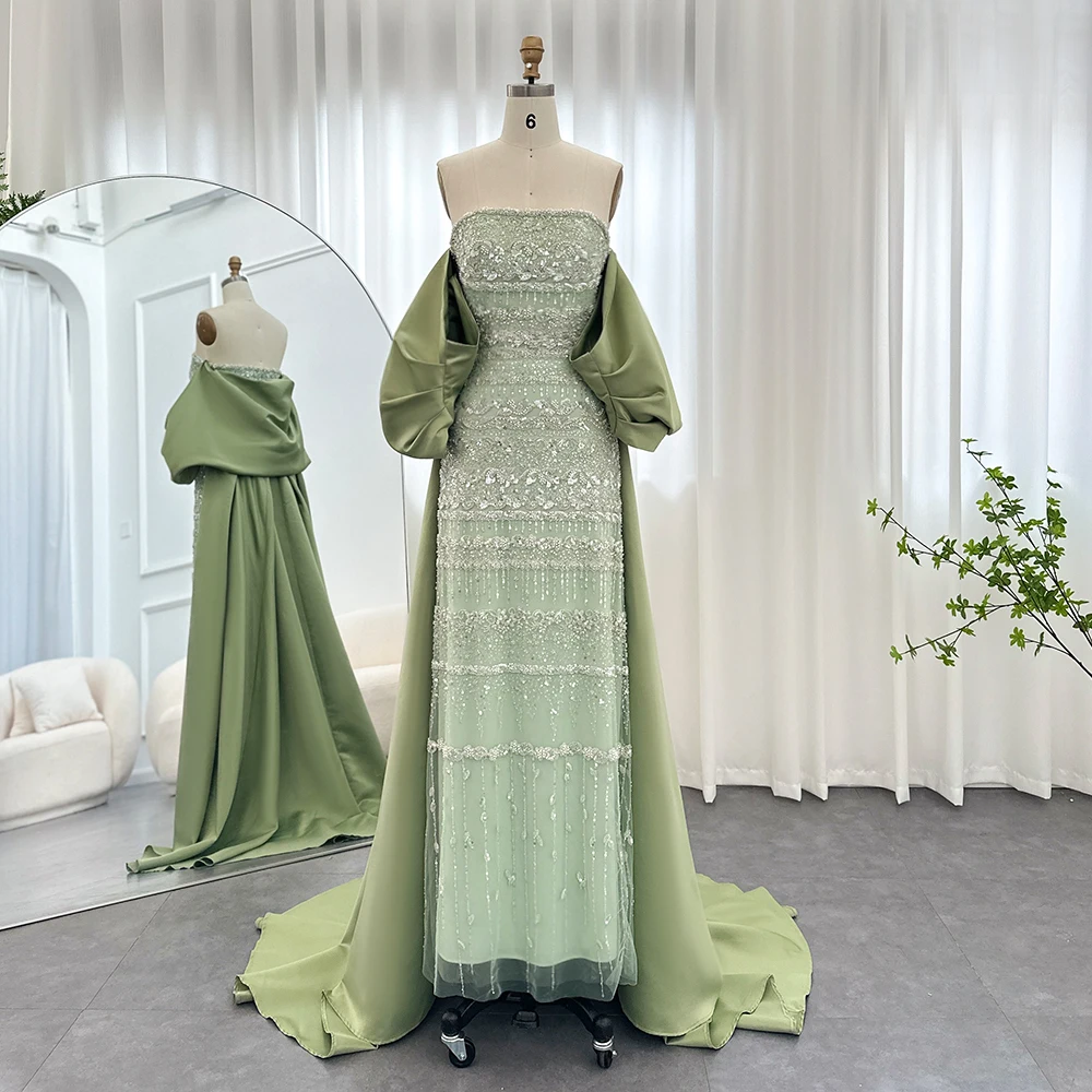 Luxury Jancember Sage Green Evening Dresses With Cape 2024 Arabic Blue Beaded Elegant Women Wedding Party Gowns Scz147