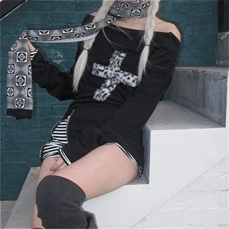 Spring Y2k Punk Off Shoulder Long Sleeve Slim Tops Women Leopard Cross Print Tunic Tops Alt Spicy Girl Streetwear Daily Casual