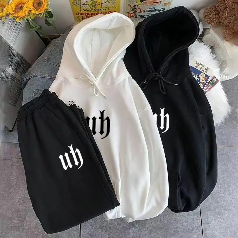 Creative Letter Print Loose Hoodie Casual Pants Two-piece Set Fashionable Women\'s Sports Suit Running Tracksuits Coat