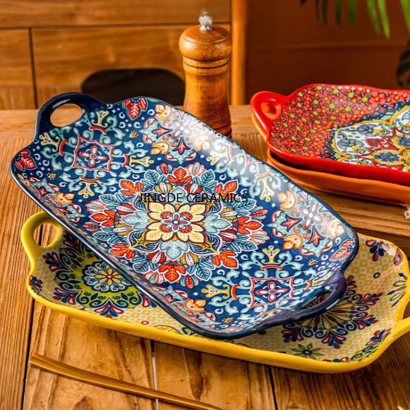 Plato Rectangular de Cerámica para Pescado, Plato para Verduras con Dos Asas, Plato para Salteados de Restaurante, Vajilla de Estilo Bohemio