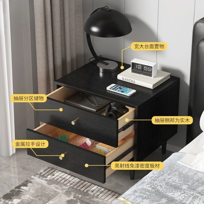 light new black solid wood bedside table fingerprint lock large capacity bedside storage household small cabinet