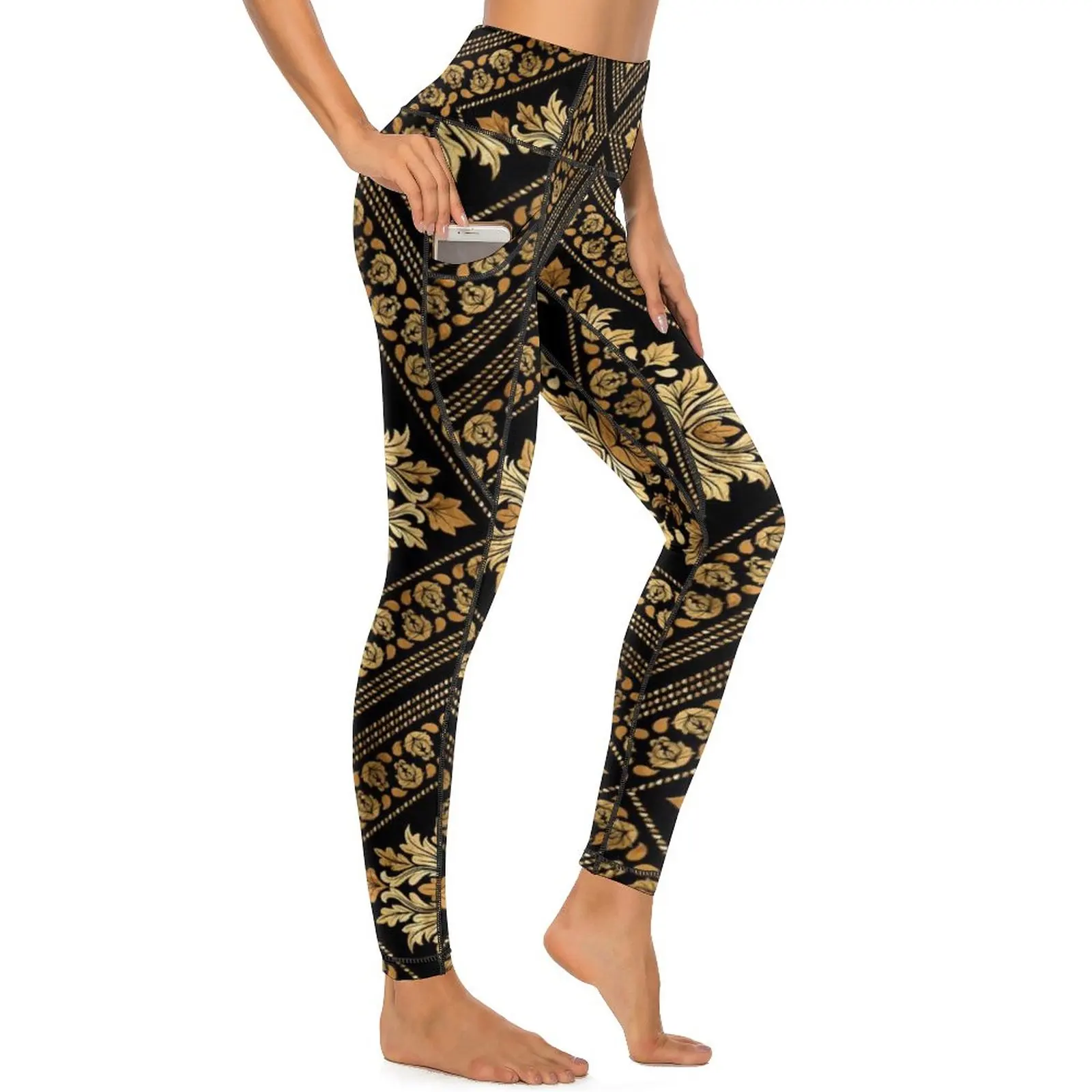 Gold Baroque Leggings Sexy Oriental Vintage Damask Push Up Yoga Pants Fashion Elastic Leggins Women Custom Gym Sports Tights