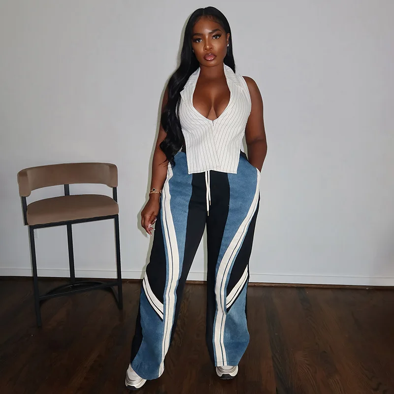 الدنيم المرقعة البضائع السراويل عالية الخصر Y2K الشارع الشهير 2025 النساء الشتاء موضة الملابس بنطلون مثير أنيقة مضيئة جان السراويل #4