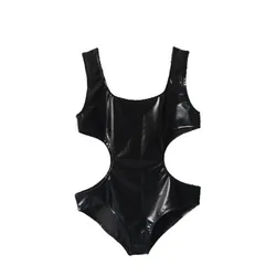 Womens Black Shiny Metallic Short Bodysuit Zentai Costume One Piece Swimwear Side Hollow Out Swimsuit