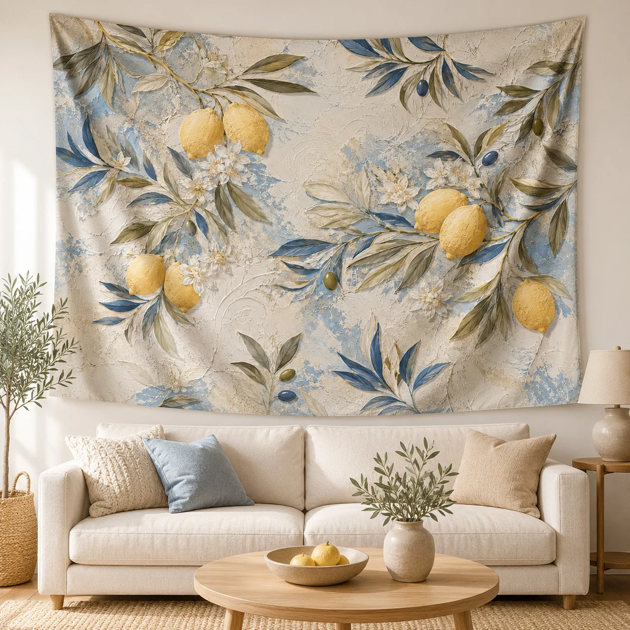 Lemon Olive Tapestry Wall Hanging, Mediterranean Boho Botanical Wall Art for Bedroom Living Room Dorm Apartment Decor