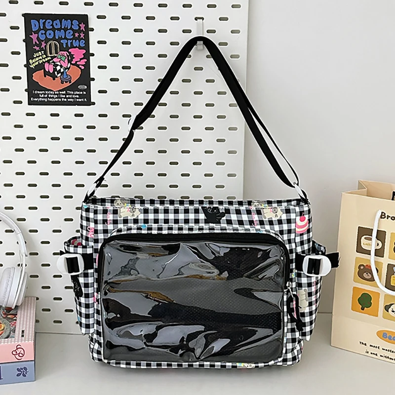 Richme Kawaii Women Ita Bags 2025 Sweet Girl Cartoon Plaid Crossbody Shoulder Bag Dopamine DIY Badge Student Commute Bolso Mujer