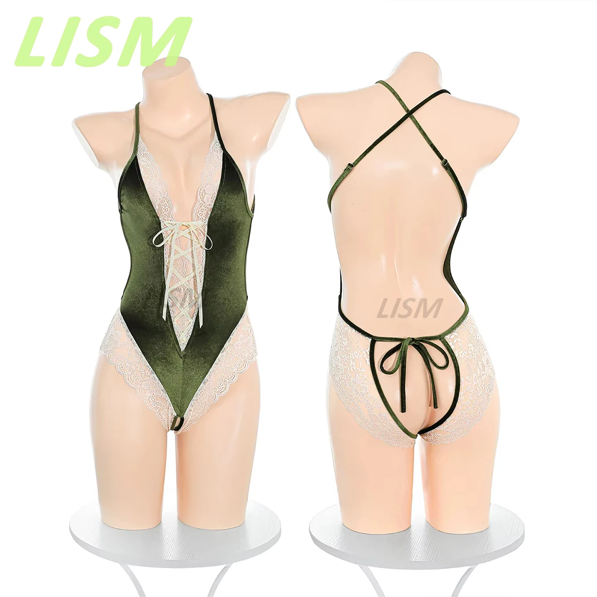 

Women Sheer Lace Bodysuit Set Halter Neck Crisscross Back Tie Front Nightgown Intimate XXX Sexy Lingerie Costume