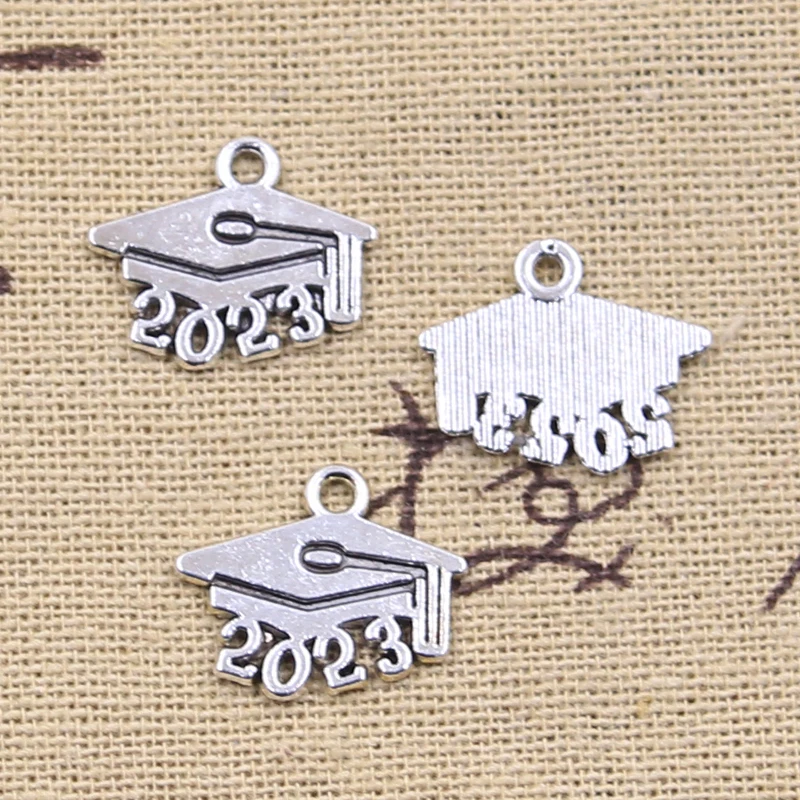 30pcs Charms 2025 2024 2023 2022 Graduation Cap Diploma 14x17mm Antique Silver Color Pendants Making DIY Handmade TibetanJewelry