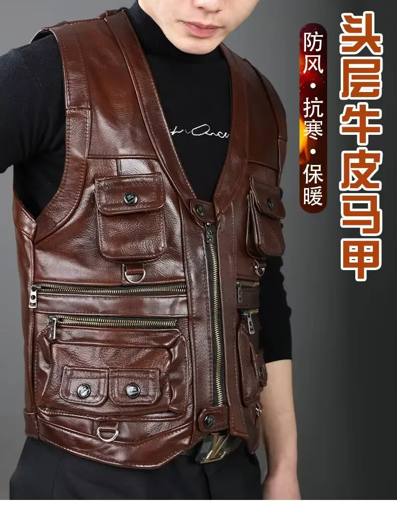 2024 Cowhide Genuine Leather Man Vest Waistcoat Male clothing Jacket Thick Motorcycle Multi Pocket leather biker Men safety vest