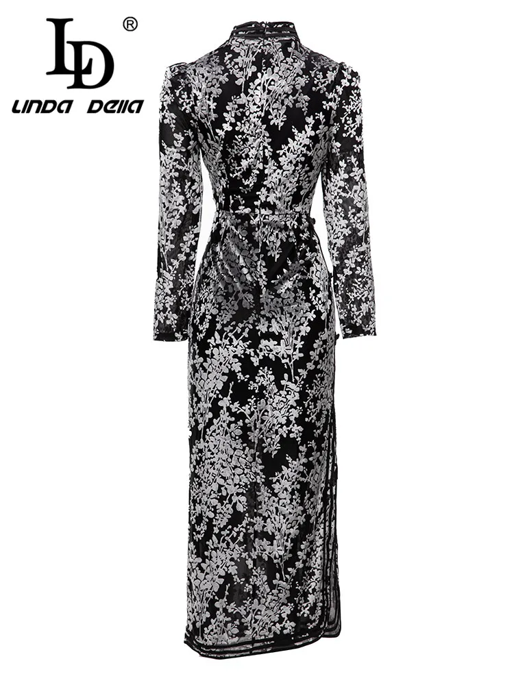 LD LINDA DELLA 2023 New Style Extravagant Travel Dress Women's Long Sleeve High Waist Print Button Slit Slim Fit Cheongsam Dress