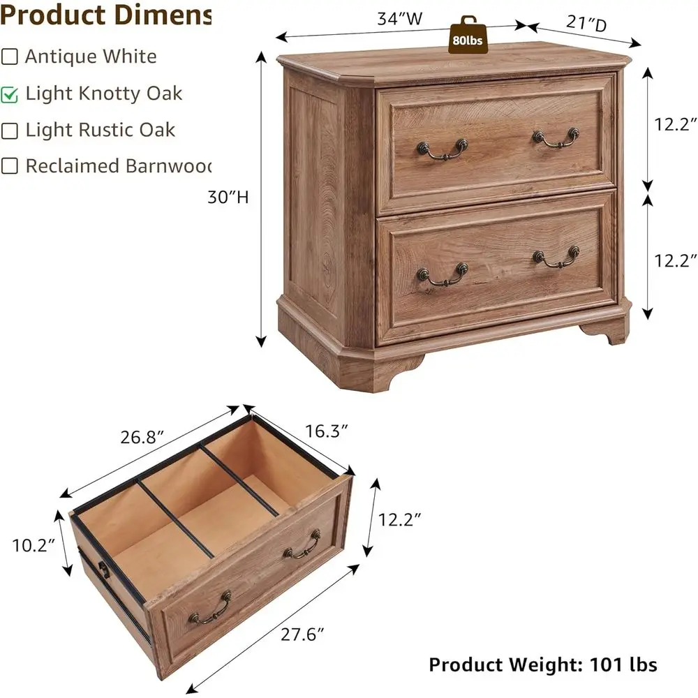 خزانة ملفات خشبية كبيرة ذات درجين مع قضبان انزلاقية ناعمة، حجم حرف/قانوني، لمسة نهائية من خشب البلوط العقدي