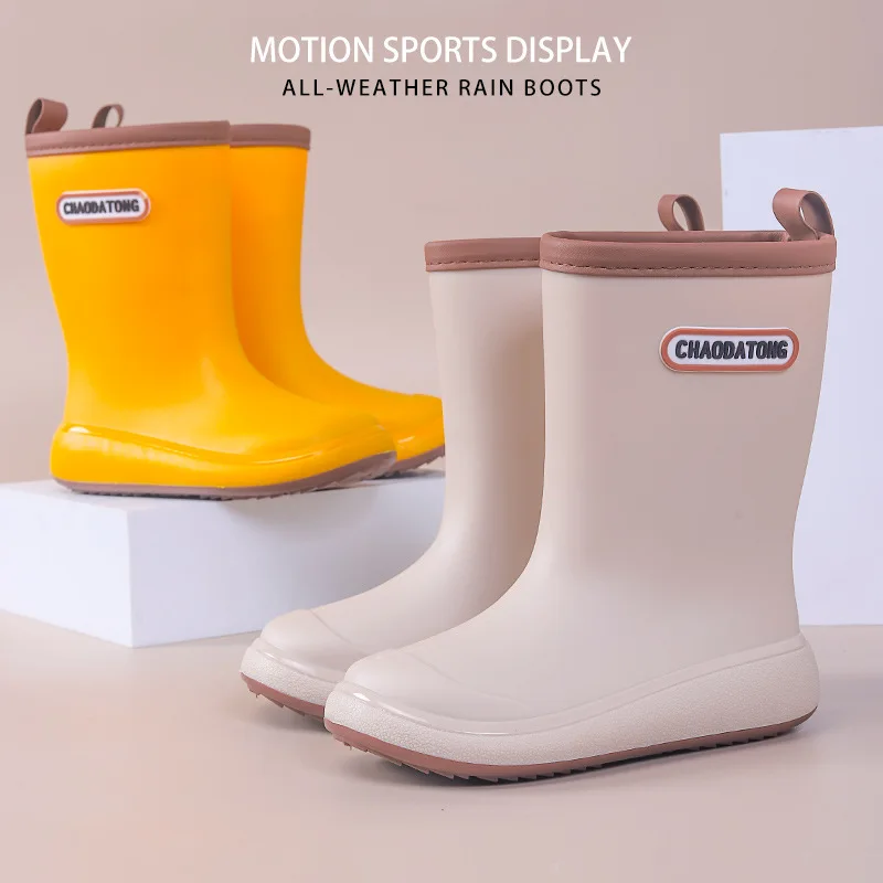 New Children's Four Seasons High Top Rain Shoes Boys And Girls Soft Bottom Non Slip Slip-On Detachable Cotton Cover Water Shoe