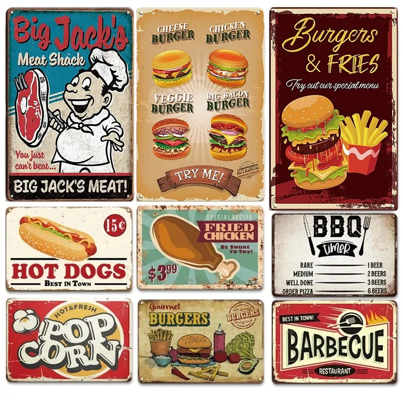 Hot Dog Fresh Hamburgers Metal Signs BBQ Vintage Posters Home Wall Decor Iron Plate Painting Fast Food Shop Plaques 8x12 Inch