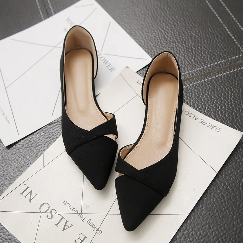 Women Flat Shoes Pink Black Solid Color Suede Pointed Toe Office Ladies Flat Heels Zapatos Para Mujer