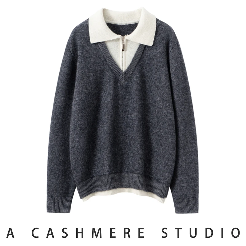 Women 100% Cashmere Sweater Color Block Turn-down Collar Pullover Autumn Winter Cashmere Knitted Soft Warm Clothing Luxury Tops