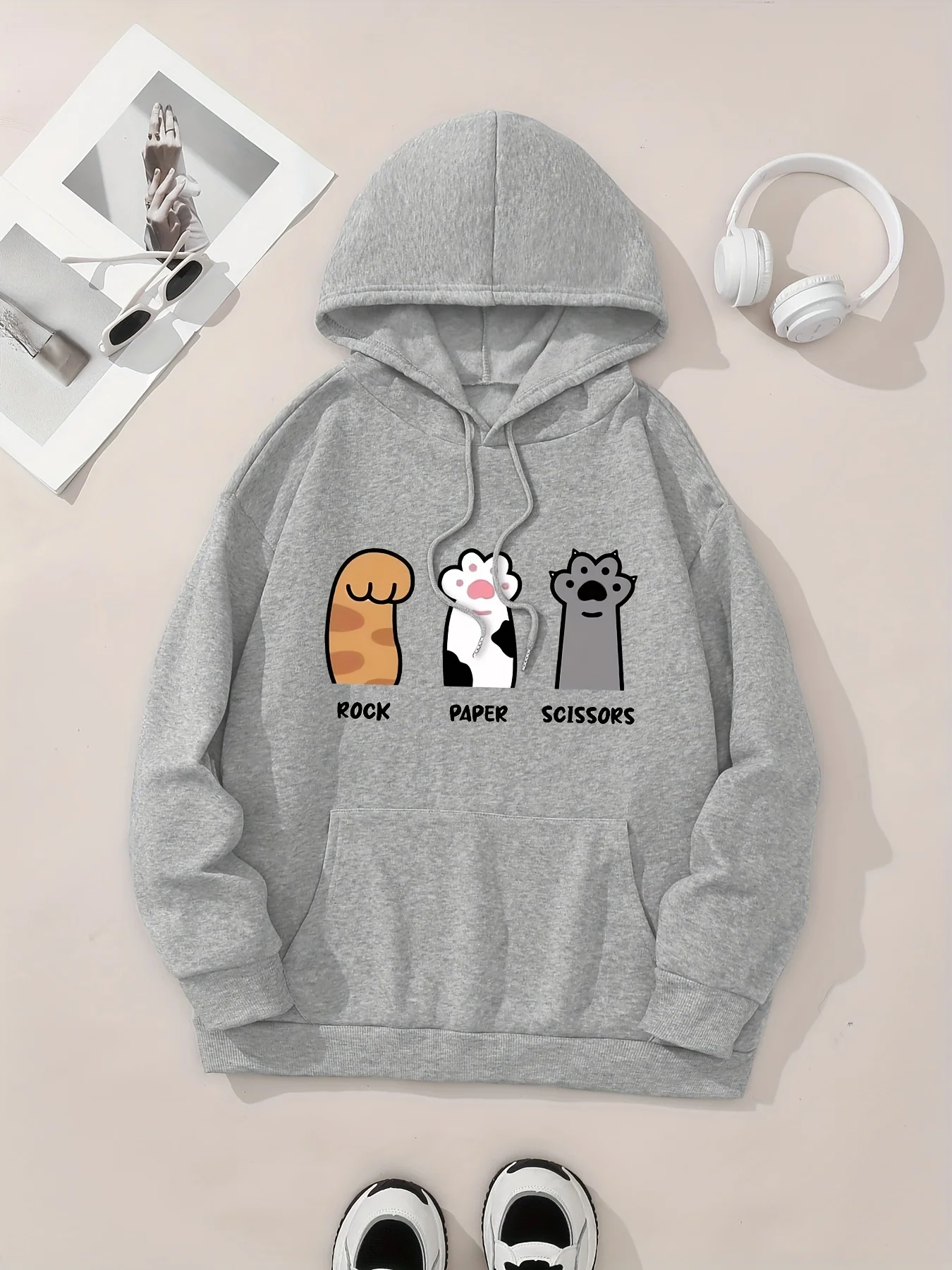 Three cat paw pattern printed hoodie, drawstring casual hooded sweatshirt, suitable for winter and autumn, women's clothing