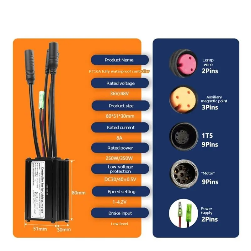 AB46-KT-16A 36V 48V 250W 350W Sine Wave Controller+1-To-5 Connector Cable Brushless Motor Mountain Bike Brushless Controller