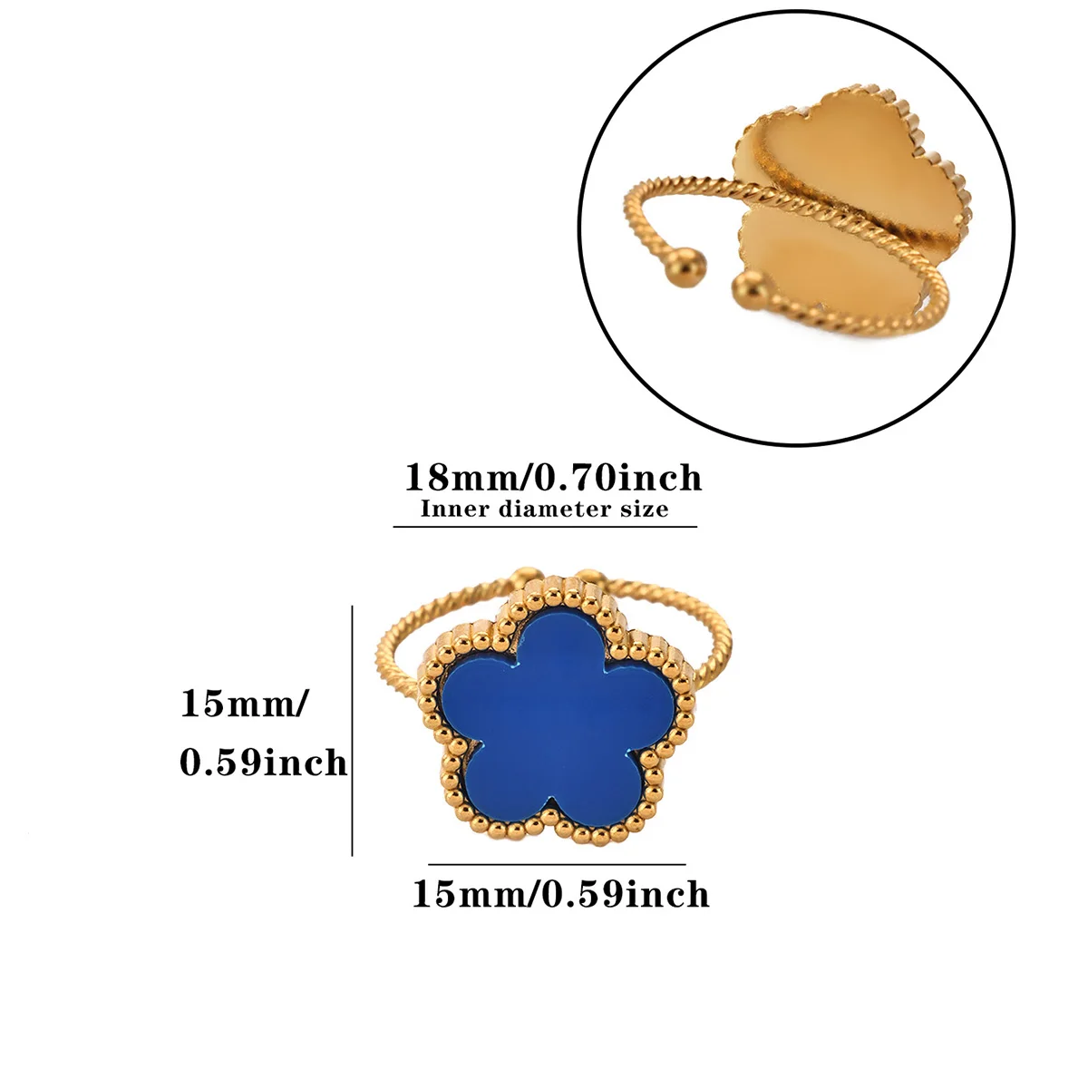 Vintage Emaille-Blumen-Offener Ring für Damen, Goldfarben, Edelstahl, Gedrehter Verstellbarer Manschettenring, Ästhetischer Boho-Schmuck, Geschenk – Detail 9