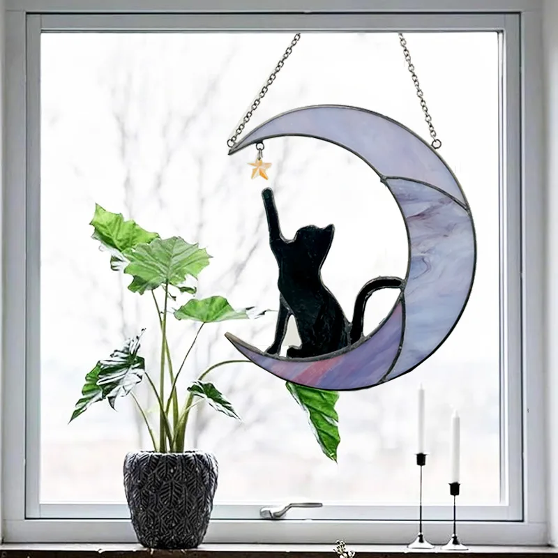 Stained glass moon cat window hanging pendant sun catcher lover gift black cat crafts