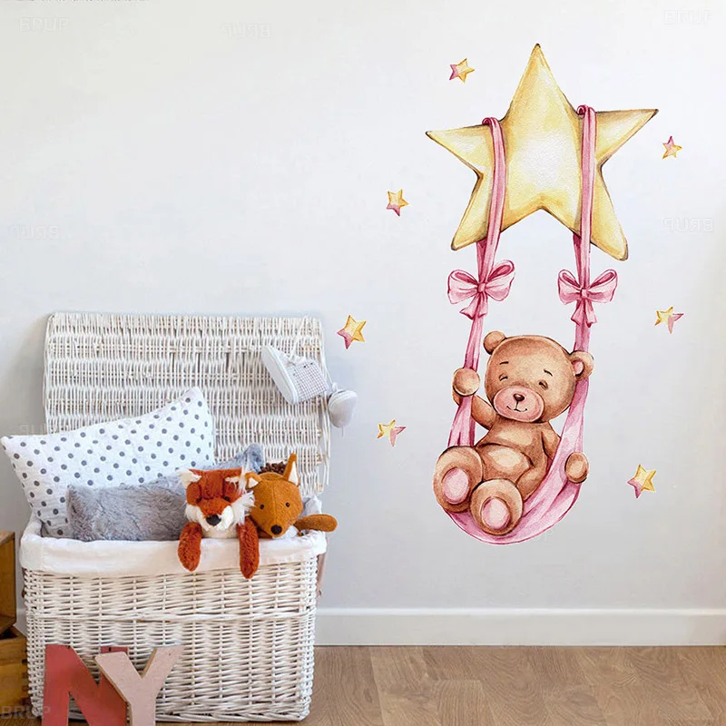 Pegatinas de pared con dibujos animados de oso de peluche y Luna para habitación de niños, pegatinas de decoración para guardería de bebé, niño y