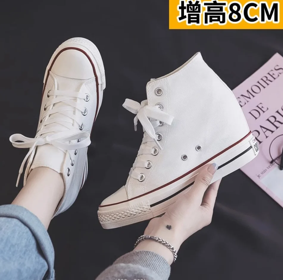 Height Increased 8CM Canvas Shoes Women 2024 Autumn Retro Trendy Sneakers Casual Women High Top Outdoor Skateboard Trainers