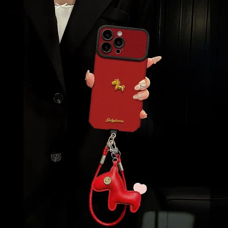 

Luxury Metal Horse Year Phone Case for iPhone 17 Pro Max 16 15 Pro 14plus 13 12Promax 11Pro Red Case with Lanyard