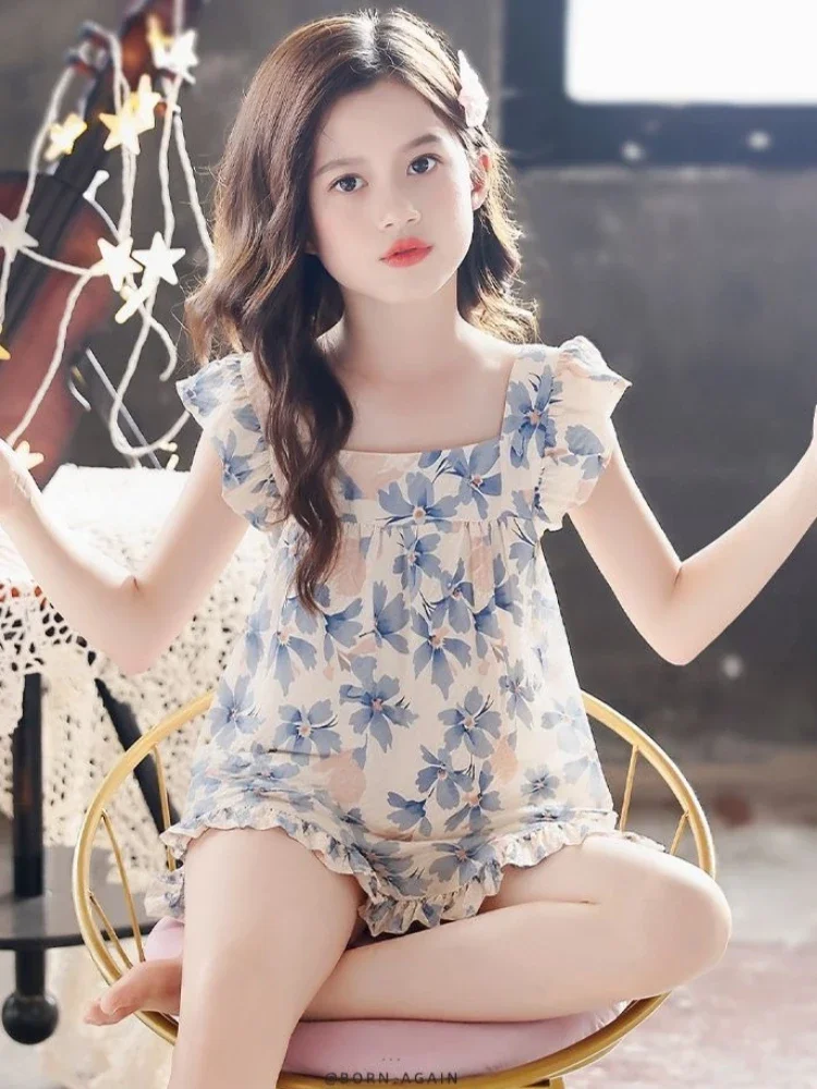 2026 New Summer Girls Sleeveless Lightweight Pajamas Set Bubble Cotton Homewear for Babies and Kids Air Conditioning Wear