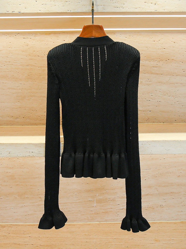 Maglia da donna di fascia alta scava fuori V-Ne Top Hepburn Sle Inizio autunno Faion Retro Pendolarismo Sle Lungo Sve Vestibilità regolare