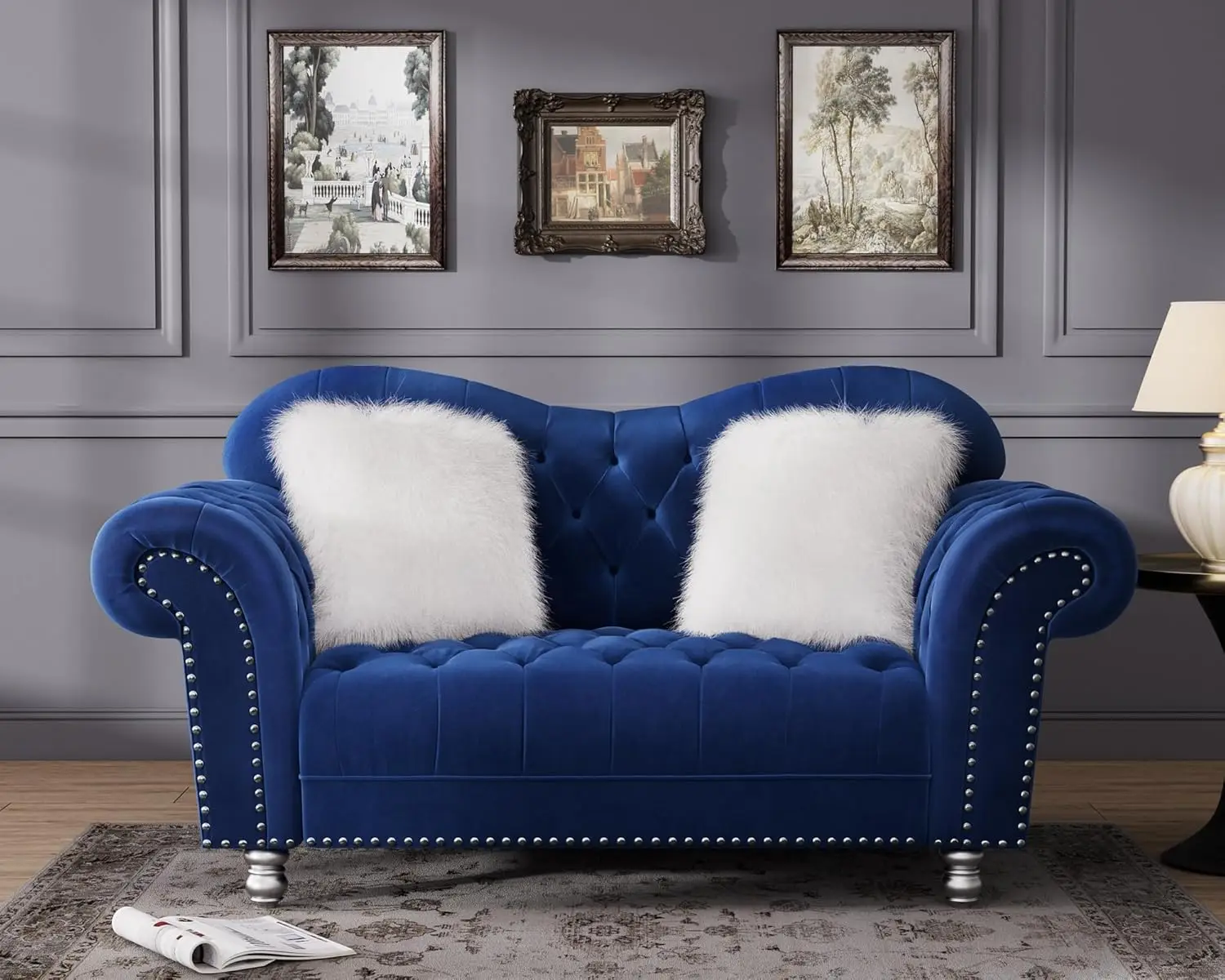 

Morden Fort Velvet Chesterfield Lovesaet Tufted, 62" W Classic Upholstery Couches, Tufted Sofa for Living Room Furniture, Blue