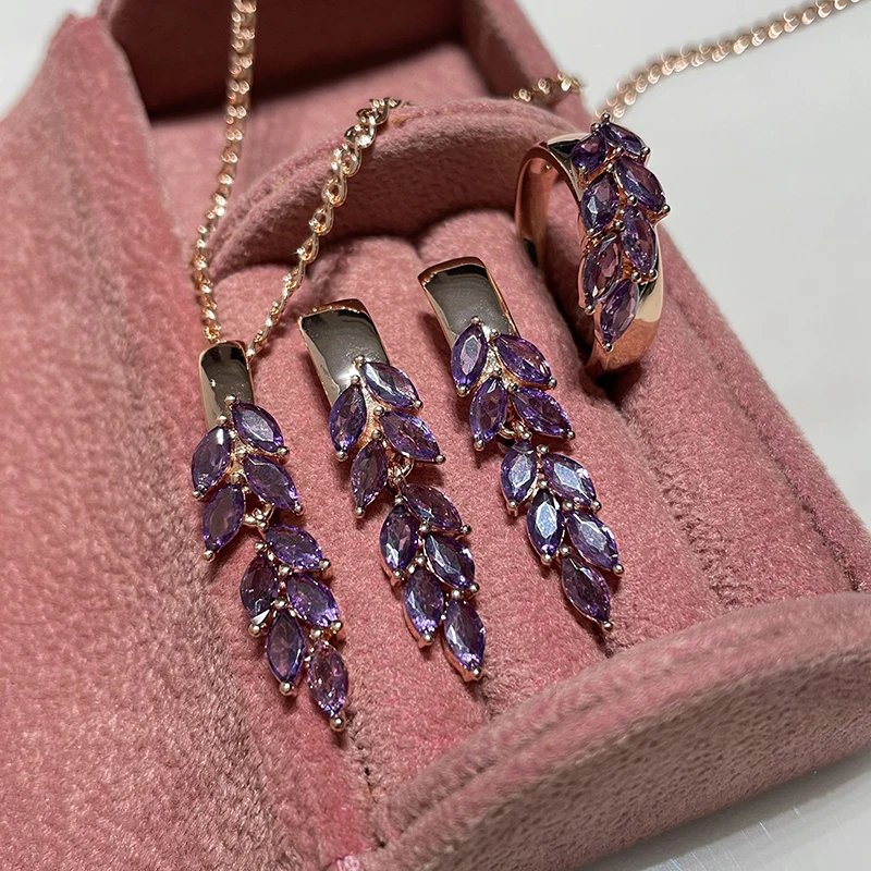 SYOUJYO Fine 585 Gold Color Rings For Women Purple Leaf Natural Zircon Trendy Jewelry Luxury Rings