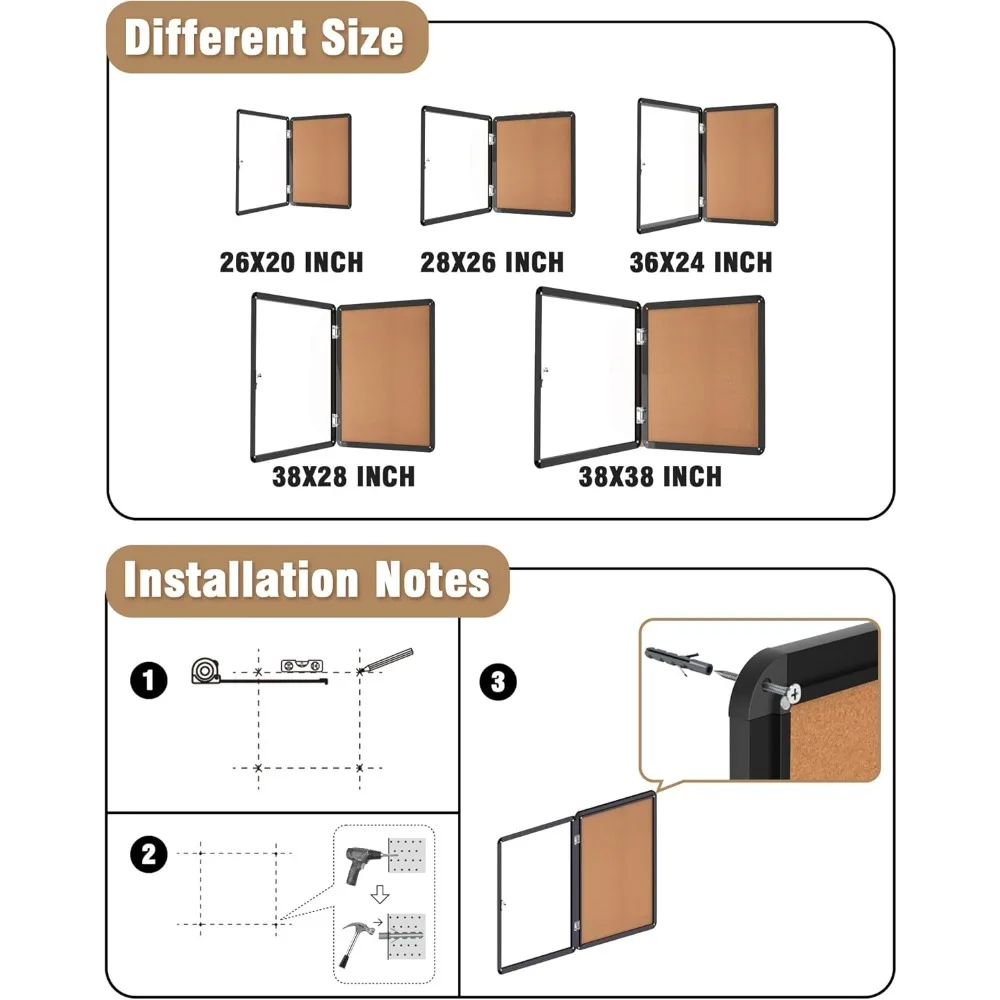 لوحة إعلانات مغلقة، لوحة إعلانات من الفلين الألومنيوم المقاوم للطقس قابلة للقفل للمدرسة والمكتب، إطار أسود مع فلين