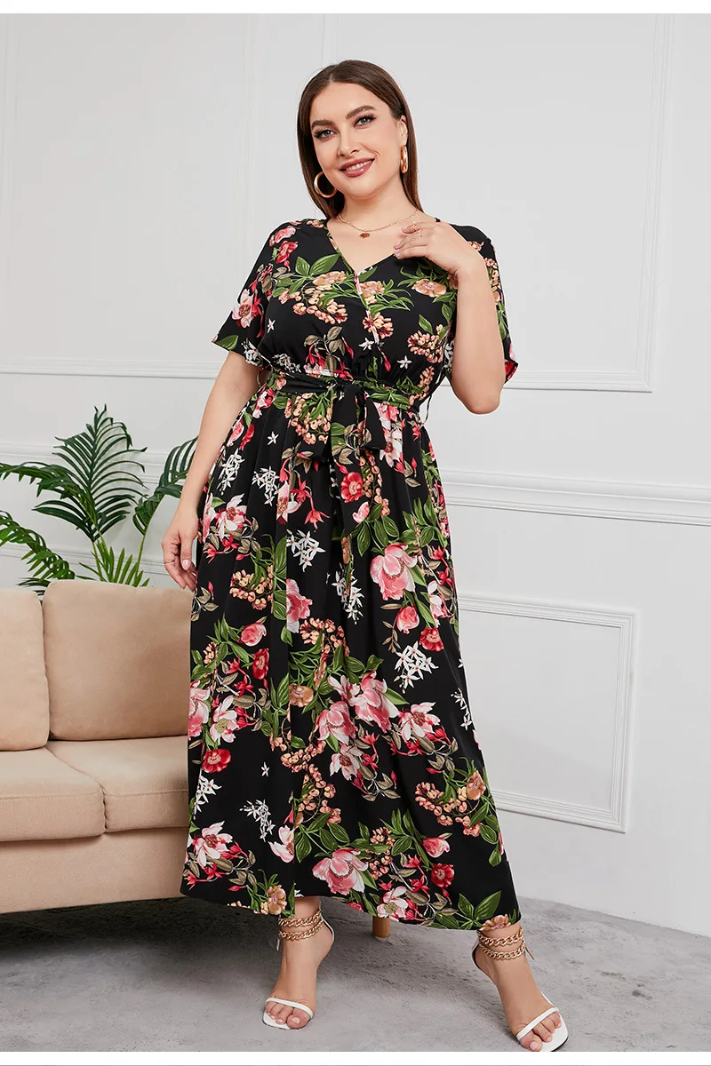 S-5XL Plus Size Damska sukienka z krótkim rękawem i dekoltem w szpic z elastyczną talią Luźna sukienka Boho Maxi