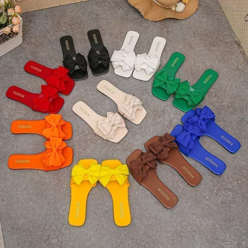 Women's Large Bow Flat Slides Sandals Summer Square Toe Casual Beach Shoes Candy Color Fashion Slip on Mules Comfortable 2026