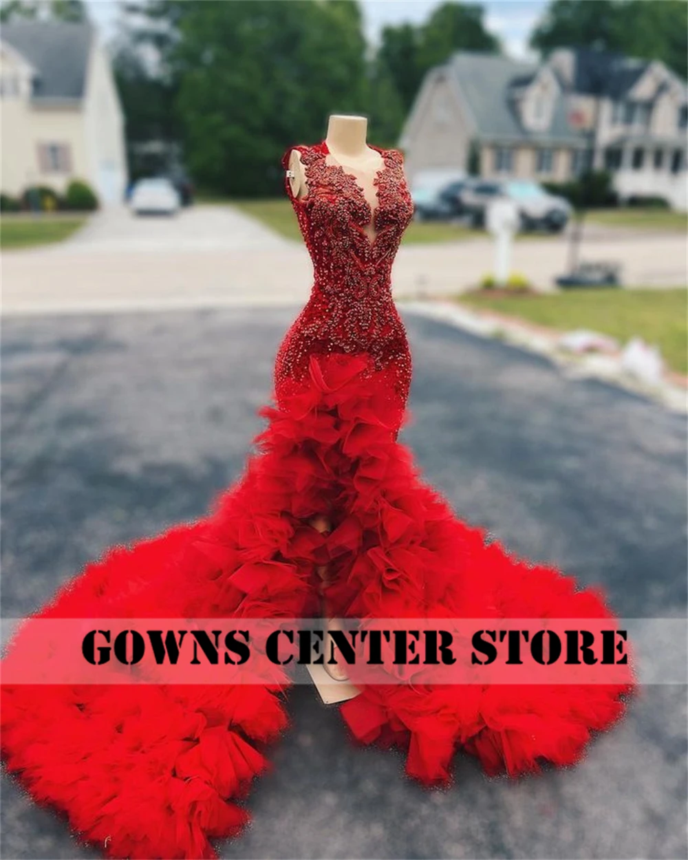 Luxury Red Tulle Ruch Slit Rhinestone Party Dress Mermaid Prom Dresses Party Wedding Evening Black Girl Birthday Gown Customized