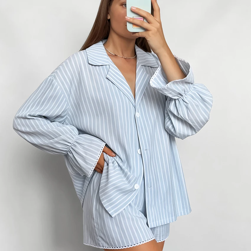 Casual Blue Inelastic Woven Women'S Pajamas Two-Piece Lapel Balloon Long Sleeve Single-Breasted Top Elastic Waist Shorts