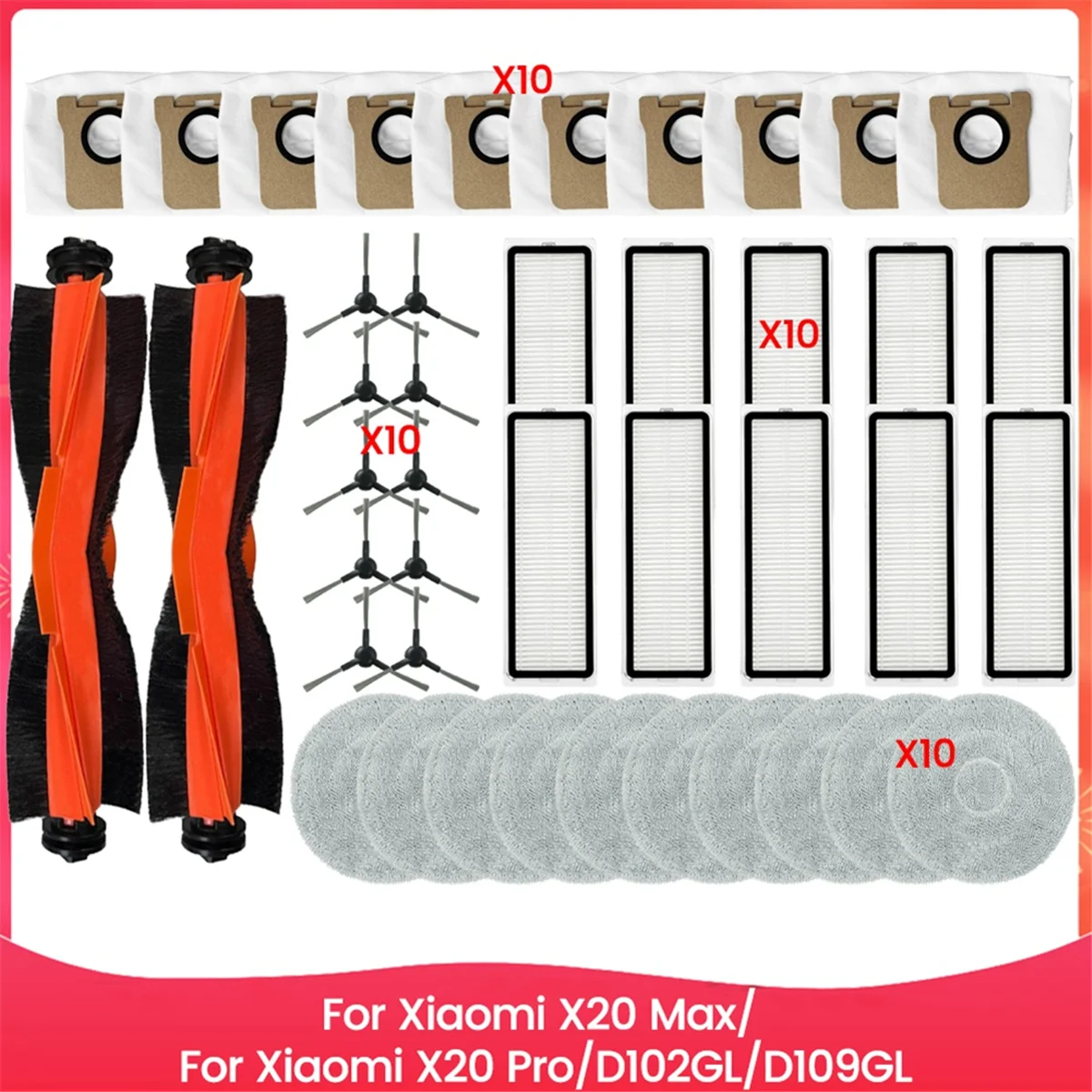 

42PCS for Xiaomi X20 Max/Xiaomi X20 Pro/D102GL/D109GL Vacuum Spare Parts Main Side Brush Hepa Filter Mop Cloth Dust Bag