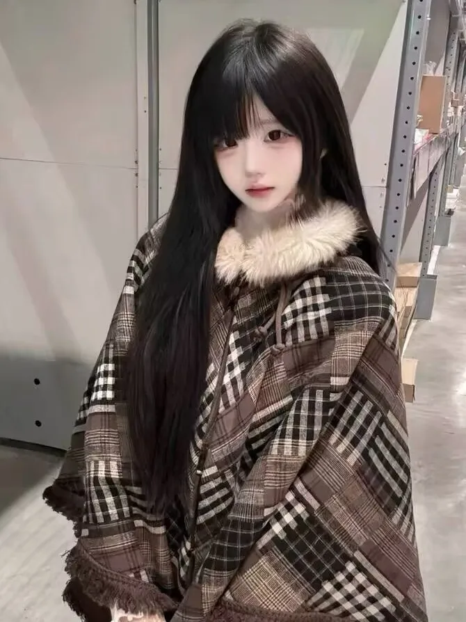 

Ретро-пальто в клетку с капюшоном и меховым воротником, женская осенне-зимняя утепленная короткая куртка с бахромой, свободный крой, без бренда