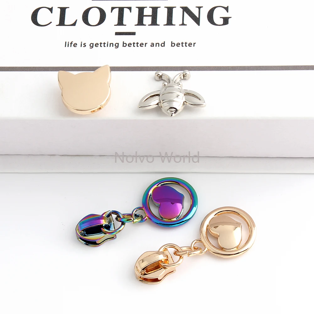 Love Shape 5# Nylon Zipper Puller Head Mtetal Rivets With Screw For Leather Garment Shoes Bags Cat/Bee Stud Pendants Accessories
