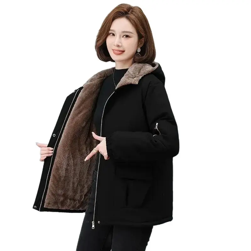 Plus Velvet Padded Parker Cotton-Padded Jacket Female Winter 2024 New Loose Plus Size Cotton Jacket Mom Medium Long Cotton Coat