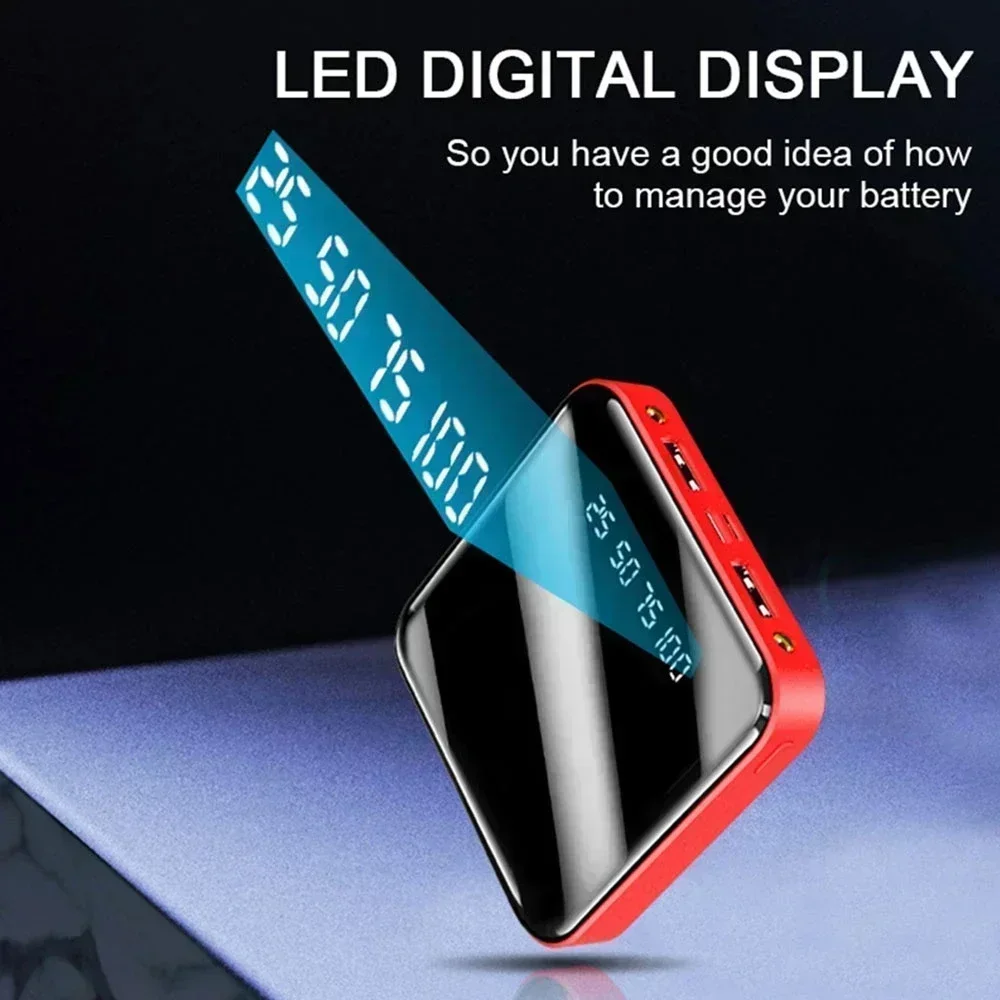 باور بانك صغير جديد 2025 بقدرة 20000 مللي أمبير في الساعة مع شاشة مرآة وشاشة LED وشاحن سريع محمول لهواتف آيفون وشاومي وهواوي وسامسونج