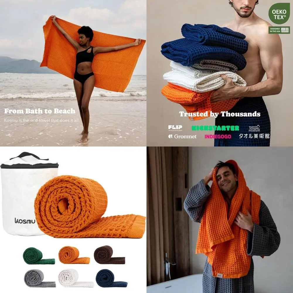 

Thick & Absorbent Organic Japanese Cotton Waffle Bath Sheet - Quick Dry, Coral Orange, 67x34 for Hotel-Spa Luxury