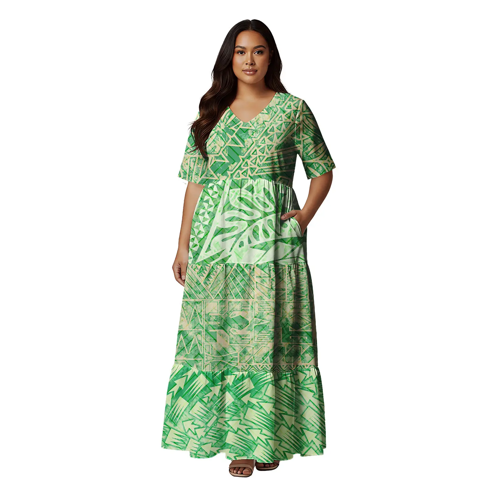 半袖ハワイ風トロピカル花柄ティアードケーキドレス マキシ丈ポリネシア風衣装 トライバルアイランド フィジー トンガ 教会ドレス